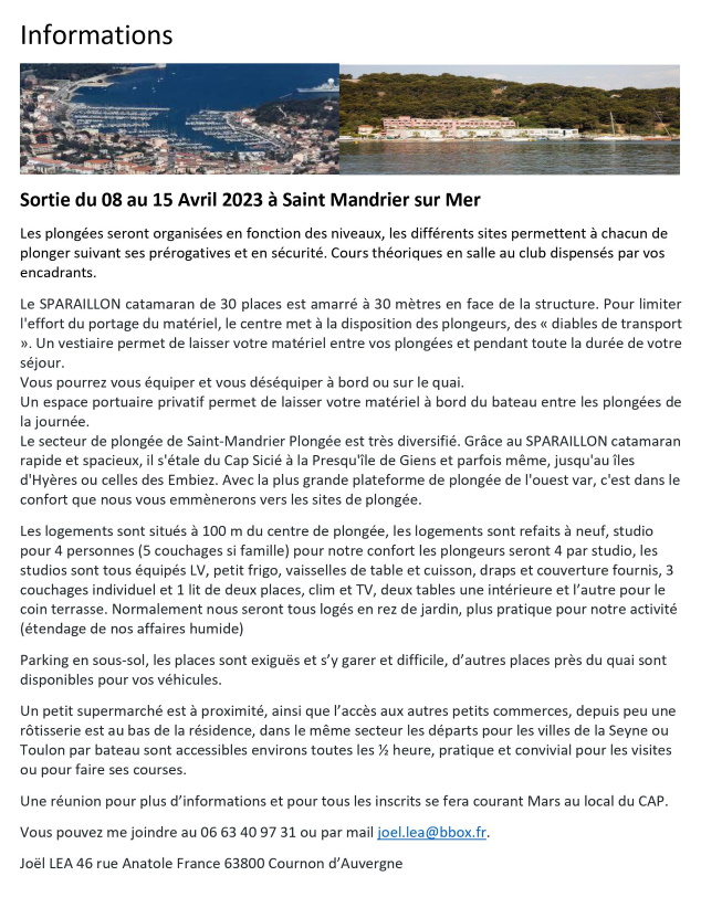 Info sortie à St Mandrier Avril 2023